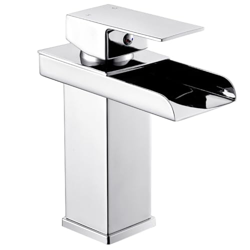 Basin Mixer Tap Waterfall Sink Taps for Bathroom, Modern Monobloc Square Bathroom Tap Mixers Mono Single Handle Stainless Steel Basin Taps, Chrome
