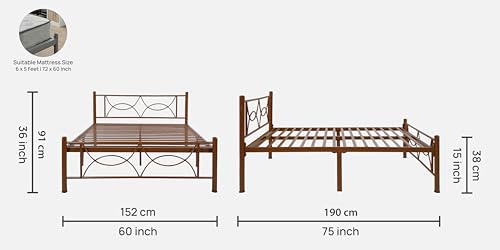 Image of Luno Metal Queen Size Bed Without Storage | Wrought Iron Double Bed with Headboard & Footboard | Sturdy Powder Coated Platform Bed Queen Size Cot for BedroomLivingRoom Brown (75x60)