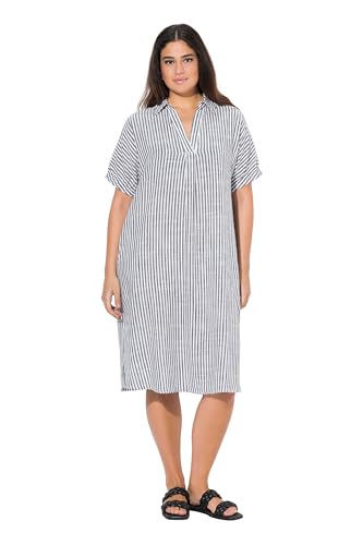 Ulla Popken Damen große Größen Übergrößen Plus Size Leinenmix-Kleid Streifen Oversized Hemdkragen Halbarm Marine 54+ 839745130-54+