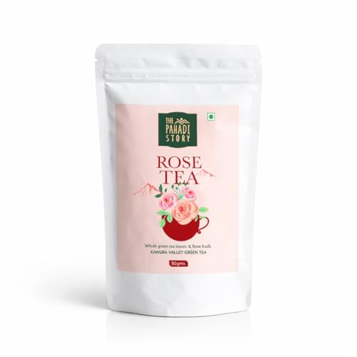 The Pahadi Story Rose-Tea 50gm, Natural Sun Dried Rose Petal with Whole Green Tea Loose Leaves for Beautiful Skin and Hair, Herbal Rose Green Tea