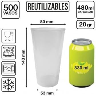500 uds Granel - Vaso Cocktail 480 ml Reutilizable Ligero - Polipropileno (PP) - Color traslúcido - Vaso ecológico Libre de BPA, Ideal para Cerveza, cubatas, Agua
