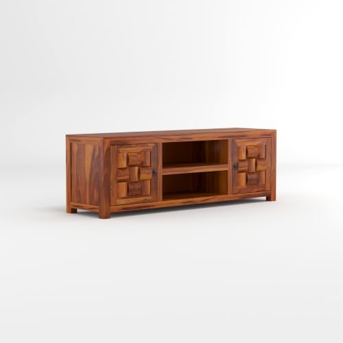 Image of Solid Sheesham Wood Entertainment TV Unit with 2 Door | Rosewood Tv Stand /TV Cabinet for Living Room | Bedroom | Wooden TV Panel with Shelf Stoarge | TV Table