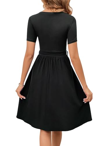 Image of Women's Elegant Vintage Round Neck Short Sleeve Summer Casual Work Party A-Line Dress with Belt 809