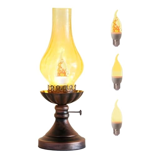 Vintage Table Lamp - 3 - Mode Dimmable Retro Rustic Desk Lamp with Crackle Glass Shade, Antique Victorian Western Style, E26 Bulb Included, Ideal for Bedroom, Living Room, Home Decor (Yellow Glass)