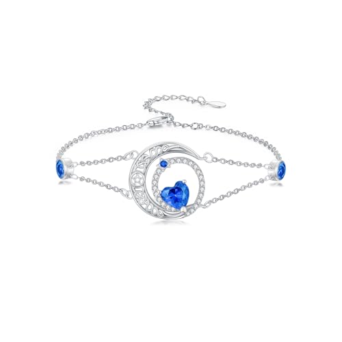 Image of Dorunmo 925 Sterling Silver Moon Heart Birthstone Anklet Bracelets for Women Best Mother's Day Birthday Jewelry for Wife Girlfriend Mom Her