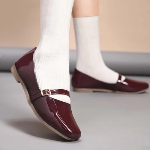 Image of Duosoft Women's Mary Jane Flats, Burgundy, Patent Leather, Square Toe, Buckle Strap