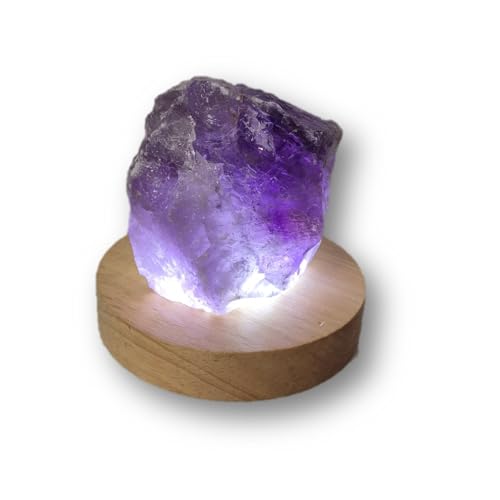 Edelsteinartikel Amethyst Kristall Rohstein auf LED Holzsockel, 300-400g, Violetter Naturstein aus Brasilien, wahlweise Warmweiß oder Kaltweiß (Kaltweiß)