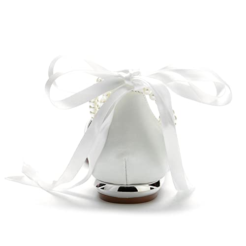 TNXZ Wedding Shoes Flats Women Pointed Toe Satin Pearls Ribbon Tie Bridal Dress Ballerina Sandals4