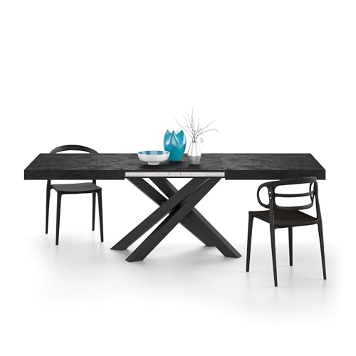 Mobili Fiver, Emma 63(94.5) x35.4 in in, Extendable Dining Table, Concrete Effect, Black with Black Crossed Legs, for 6-10 People, Expandable Dining Table for Kitchen, Living Room, Italian Furniture