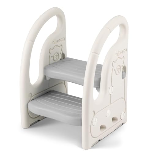 Onasti Taburete de 2 Pasos para Bebé y Niños Pequeños, Altura Ajustable, Multifunción y Antideslizante para Cocina y Cuarto de Baño (Gris)