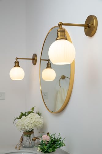 Image of Yosoan Boho Aged Brass Gold Vanity Bathroom Wall Sconce with Milk Shade, 1-Light Indoor Hardwired Wall Mounted Vintage Industrial Lights with Ribbed Round Glass Lamp for Mirror Living Room(Antique)