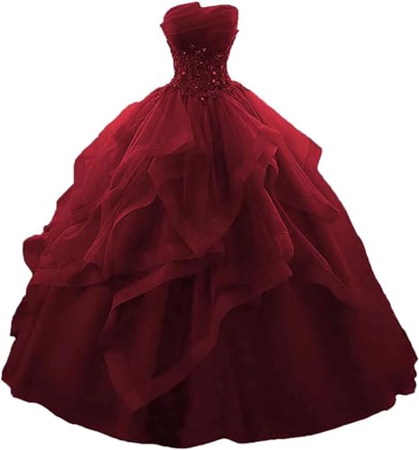 Quinceanera Dresses Sparkly Layered Tulle lace Appliques Ball Gown Formal Dress with Beaded