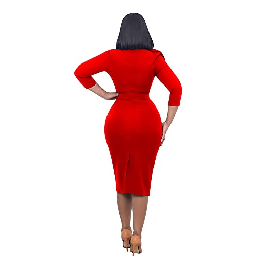 Oluolin Womens Pleated V Neck Peplum Wear To Work Office Sheath Dress Red #TOP1