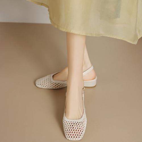 Alsoloveu Mesh Ballet Flats for Women Square Toe Mary Janes Chunky Low Heels Slingback Heels for Dressy Casual4
