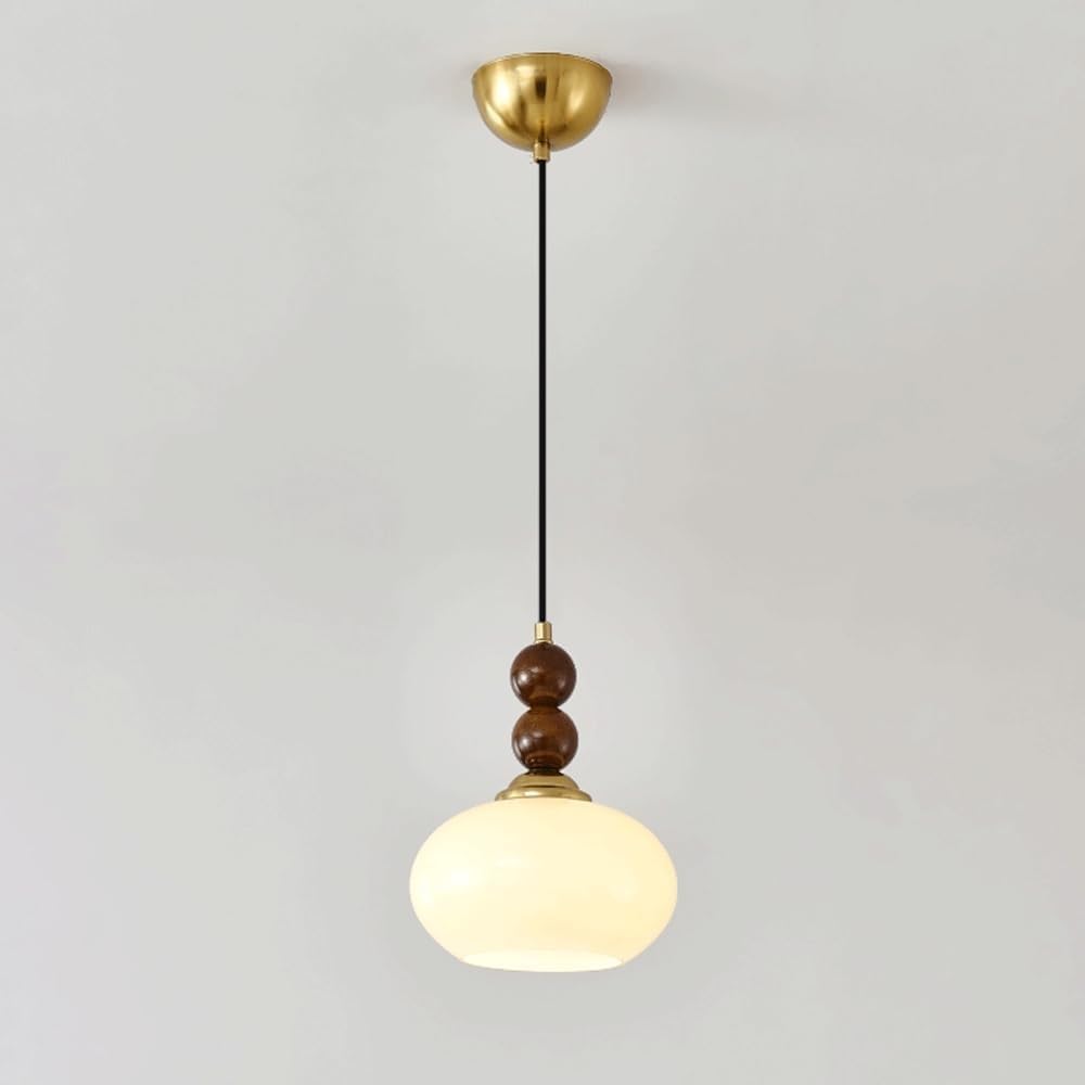 FEITENGDA Modern Nordic Glass Shade Pendant Light Walnut Wood Globe Decor Hanging Light Gold Antique Brass Finish Metal Chandelier for Kitchen Island Dining Room Bedroom