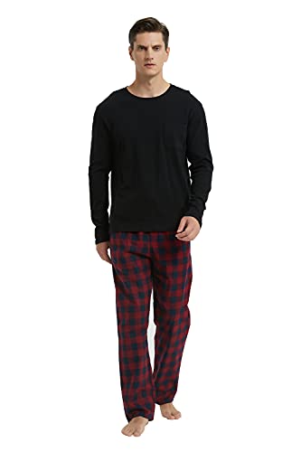 GLOBAL Men’s Flannel Pajama Set 100% Cotton Pijamas Elastic and Drawstring Bottoms and Crew Neck Tops Light Blue Plaids