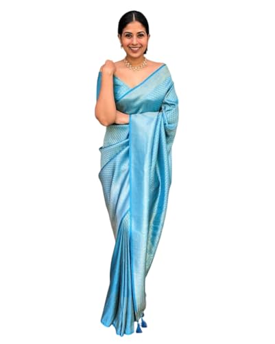 Image of Flosive Blue Banarasi Silk Saree with Traditional Gold Zari Work and Tassels for Women