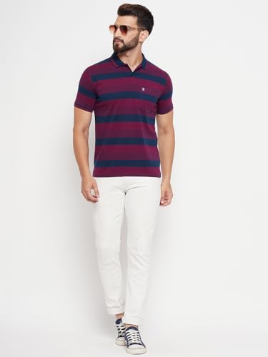 Image of UNIBERRY Men's Cotton Blend Regular Fit Half Sleeve Striper Polo Neck T-Shirt & Pocket On Chest-REMT3-MR XL Maroon