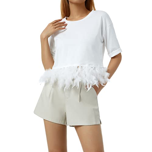 Las mujeres de plumas empalme Crop Top Vintage estética manga corta camisetas de moda Harajuku recortado verano camisetas Streetwear, blanco, M Cover