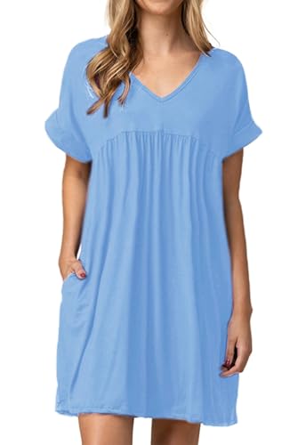 Image of Jayscreate Women's Baby Doll Dress Summer Casual Tunic Pleated Flowy Swing Short Sleeve Black V Neck Mini Dress