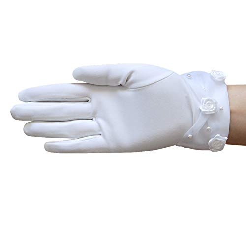 Dull matte satin girl's gloves w/faux pearl & rose accents sheer organza cuff/White2