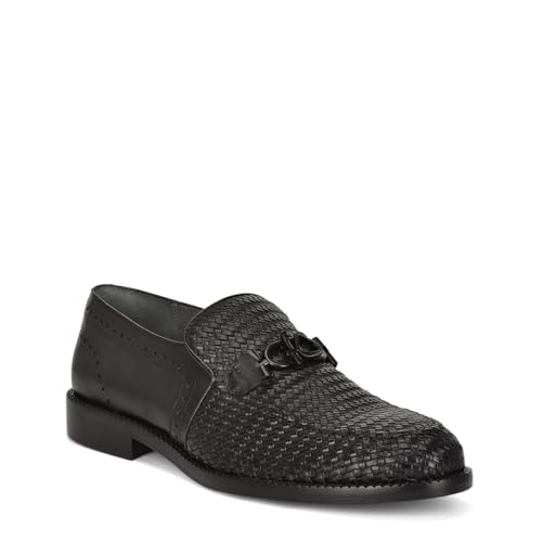 FRANCO CUADRA Men's Woven Leather Loafers, Black Formal Slip-On Moccasins with Monogram