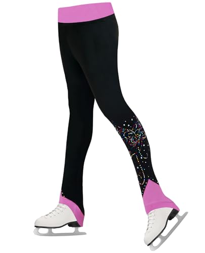 Gogokids Girls Ice Skating Pants Black Tights Fleece Dancing Trousers for Kids, Black Rose, 11-12 Years