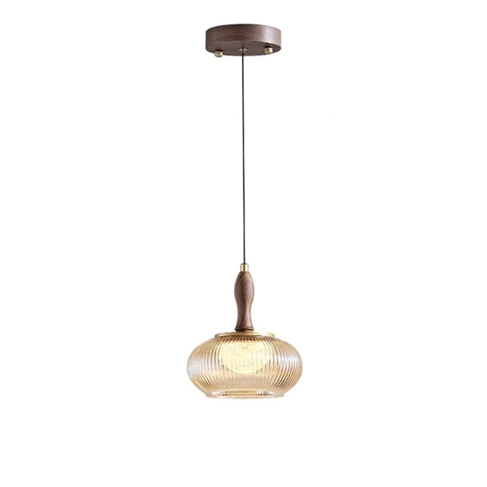 ITOSUI 7.09 Inch Double Layer Ribbed Glass Pendant Light, LED 5W Walnut Cognac Ceiling Light Fixture, Glass Chandelier Adjustable Height for Bedroom Bedside Living Room Hanging Lamp
