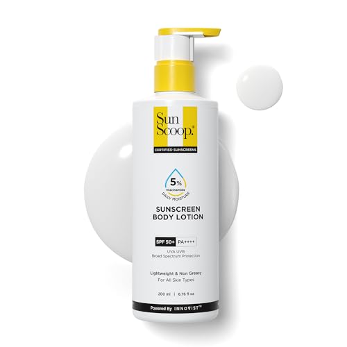 SunScoop 5% Niacinamide Daily Moisture Sunscreen Body Lotion SPF 50+ PA++++ | 24-Hours Moisturization | Prevents Tan & Sunburn | Reduces Pigmentation | Lightweight & Non-sticky | Leaves No White Cast | For All Skin Types | Body Sunscreen for Summer | 200 ml