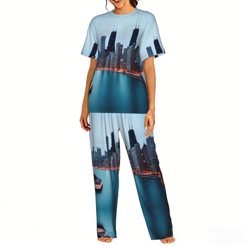 Pyjama doux imprimé Chicago pour femme ensemble deux pièces confortable
