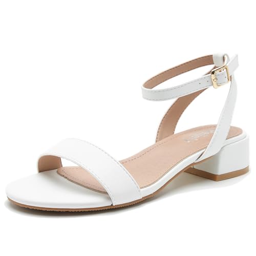 Image of Women's Ankle Strap Sandals, Low Block Heel, Open Toe Summer Dress Shoes with Buckle Closure