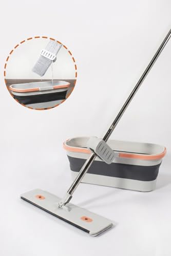 Gonzo Katlanabilir Temizlik Kovası, Kendinden Sıkmalı Mikrofiber Mop Seti - Gri Turuncu