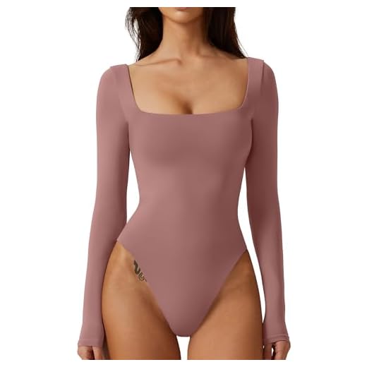 QINSEN Body Tops para mulheres, gola quadrada, manga comprida, forro duplo, Vinho, G