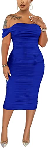 Image of Fooullaide Women's Sexy Off Shoulder Sleeveless Bodycon Ruched Midi Dress | Stretchy, Breathable, Mesh, Not See-Through, Elegant,Formal Gown, Cocktail, Evening, Party, Night Out Tube Dresses