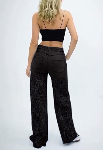 loveimgs Womem Baggy Lace Patchwork Hollow Out Denim Pants High Rise Wide Leg Floral Cutout Floor Length Jeans Pockets Zipper4