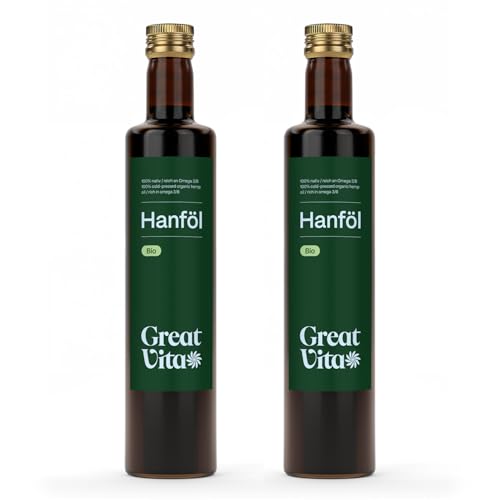 GreatVita Bio Hanföl, 100{981704971d91cab3aeb1e5b4800b26057397a66a35a877412a1957e0fbe119f9} rein & kaltgepresst, (2x 500ml) Hanfsamenöl hoher Anteil an Omega 3 & 6 Fettsäuren GreatVita Bio Hanföl, 100{981704971d91cab3aeb1e5b4800b26057397a66a35a877412a1957e0fbe119f9} rein & kaltgepresst, (2x 500ml) Hanfsamenöl hoher Anteil an Omega 3 & 6 Fettsäuren