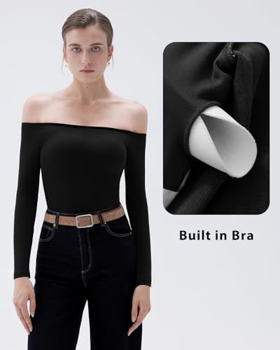 SUUKSESS Women Padded Off The Shoulder Tops Ribbed Long Sleeve Shirts Fall Basic2