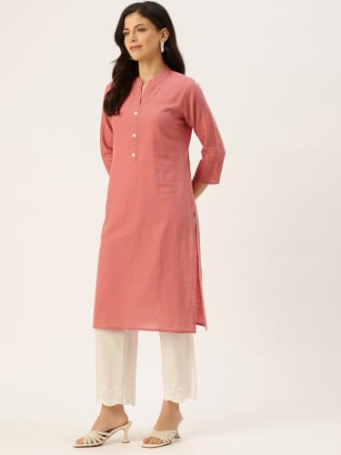 Image of feranoid Women's Plain Cotton Kurta with Mandarin Collar, 3 /4 Sleeves & Pocket