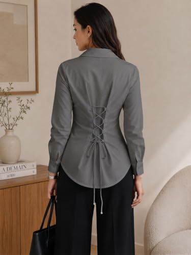 Image of OOMPH! Women's Cotton Solid Corset Style Shirt | Back Lace-Up Tie-Up Cinched Waist | Full Sleeve Button-Down Formal Office & Smart Casual Shirt