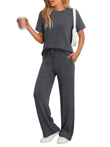 Image of LILLUSORY Womens Lounge Sets 2 Piece Matching Travel Outfits | Lightweight Ribbed 2 Piece Set, Breathable, Stretchy, Wrinkle-Resistant, Travel Ready, Versatile