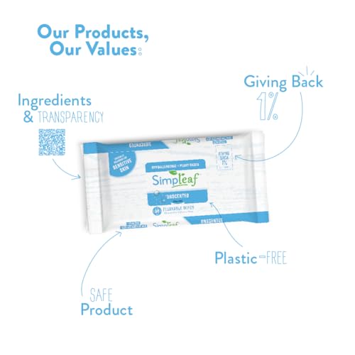 Image of Simpleaf Flushable Wet Wipes Unscented | Plastic Free, Paraben & Alcohol Free | Hypoallergenic & Safe for Sensitive Skin | Soothing Aloe Formula | Adult Toilet Wipes (12 x 50 Count Pack) 600 Count
