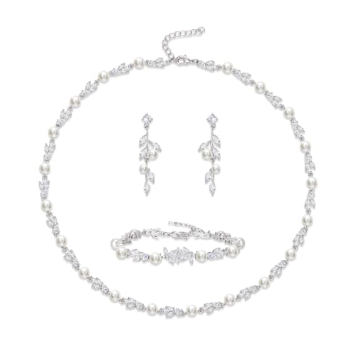 Image of EVER FAITH Cubic Zirconia Pearl Leaf Bridal Jewelry Set for Bride Women | White Wedding Prom Necklace Dangle Earrings Bracelet, for Bridesmaid