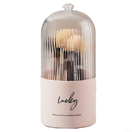 Seau de rangement pour pinceaux cosmétiques en plastique avec protection contre la poussière et fonction rotative (rose)