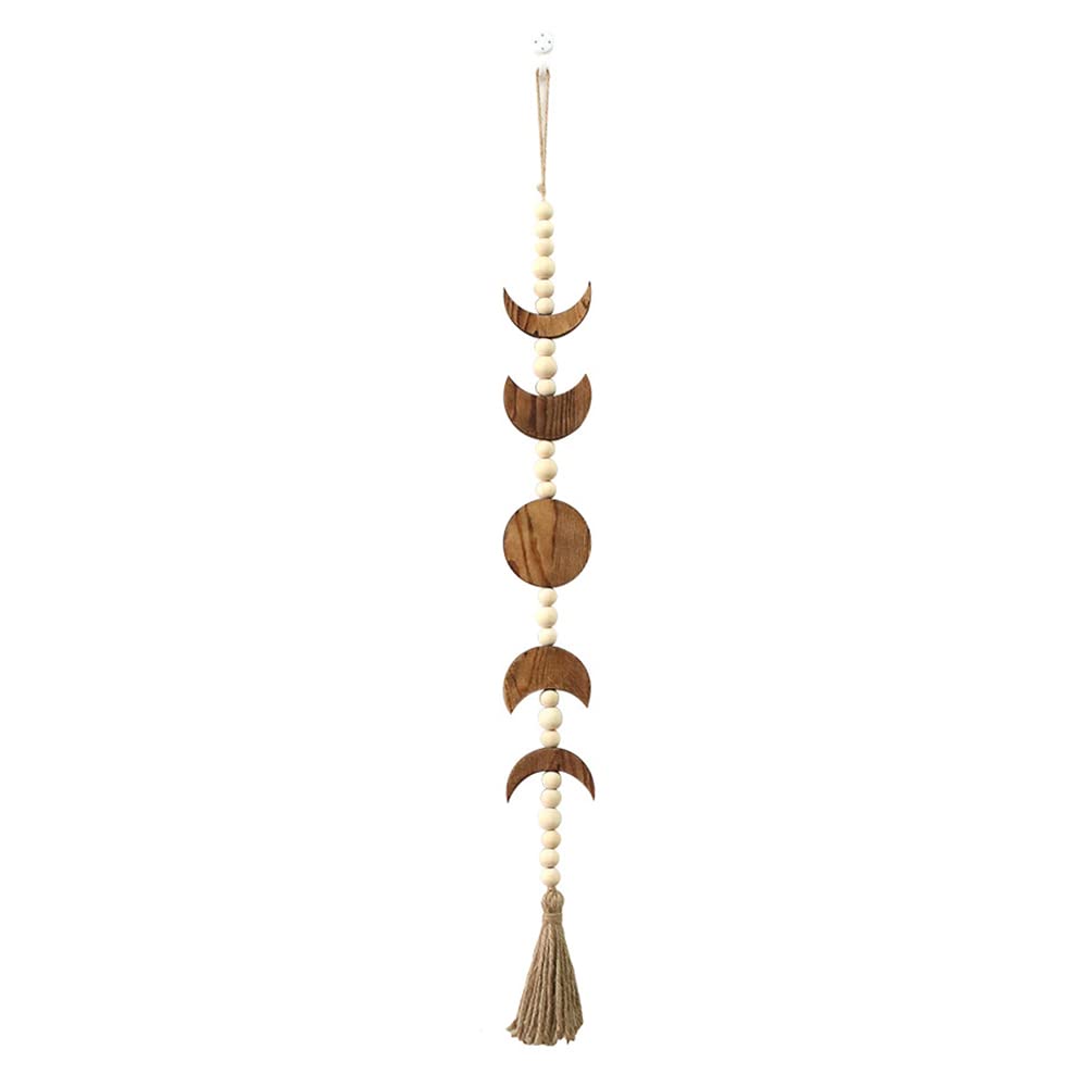 CTRLZS Wood Moon Phase Wall Hanging, Boho Farmhouse Beaded Moon Garland with Tassel Wall Decor,Brown