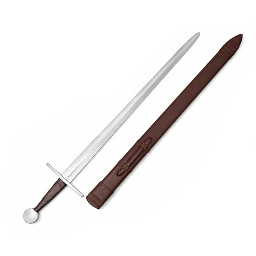 Medieval Arming Sword Oakeshott-Style Knightly Sword with Carbon Steel Blade & Leather Scabbard for Display Costume & Collection