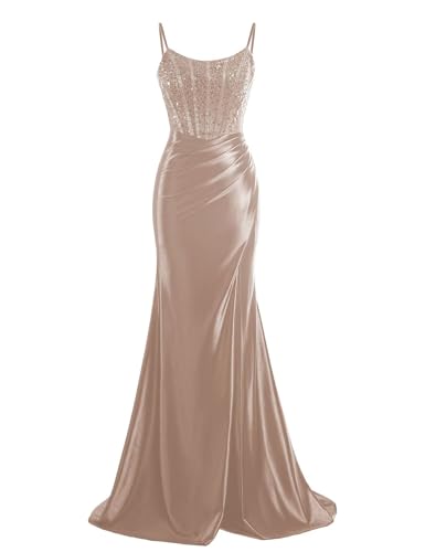 FreeBeauty Silk Satin Prom Dresses for Women 2025 Beaded Applique Spaghetti Straps Mermaid Formal Evening Gowns with Slit