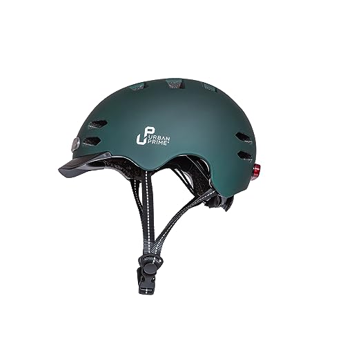 Urban Prime Casco Urbano, Casco de Protección con Visera y Luz Delantera/Trasera, para Bicicleta, E-Bike y Patinete Eléctrico, Unisex Adulto, Verde, L