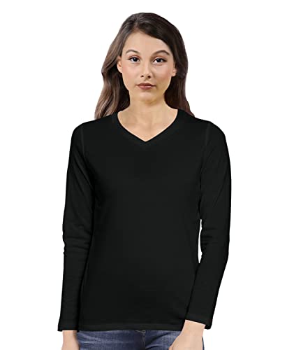 Image of Pooplu Women's Regular Fit Plain V Neck Full Sleeves Multicoloured 100% Cotton Pootlu T Shirt. Stylish, Casual Tshirts