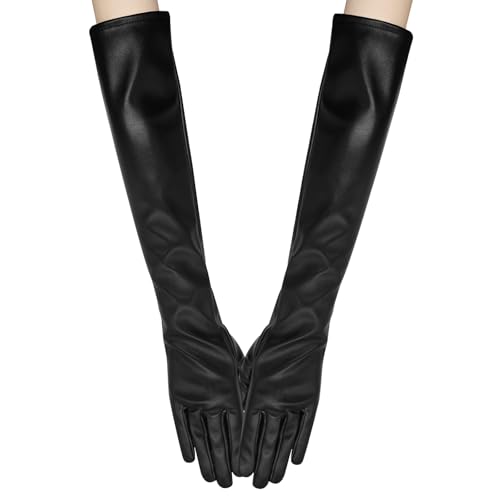 Long Keeper Lederhandschuhe Damen Lang Schwarz Kunstleder Sexy Elegant Abendhandschuhe Leder Touchscreen Handschuhe Ellenbogenlang für Halloween Party Kostüm