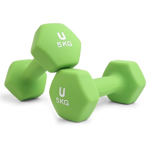 unycos - Par de Mancuernas Antideslizantes de Neopreno, Pesas【5 kg】Ergonómicas con Diseño Hexagonal y Anti-Rodadura, Resistentes, Ideales para Entrenamiento de Fuerza y Gimnasio en Casa (Verde)